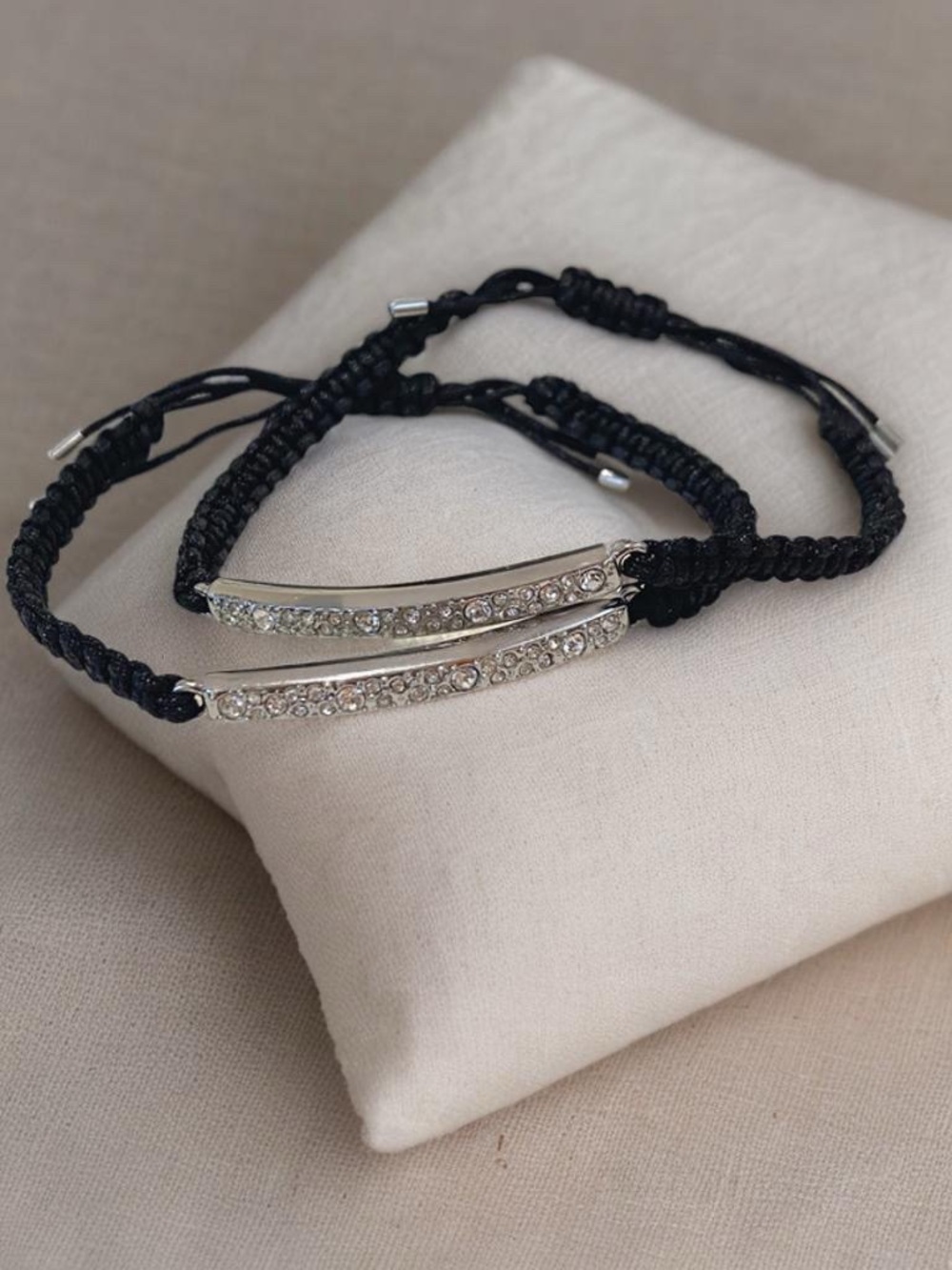 Two Black Braided Cord Crystal Bar Bracelets Fossil